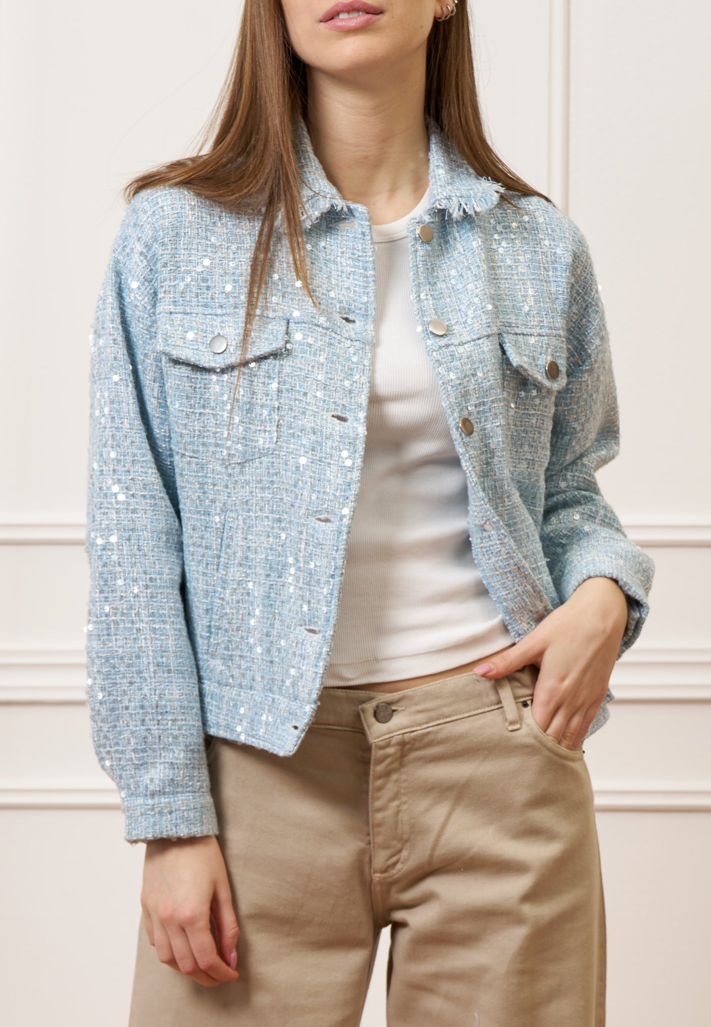 Giacca over in tweed con paillettes - CELESTE