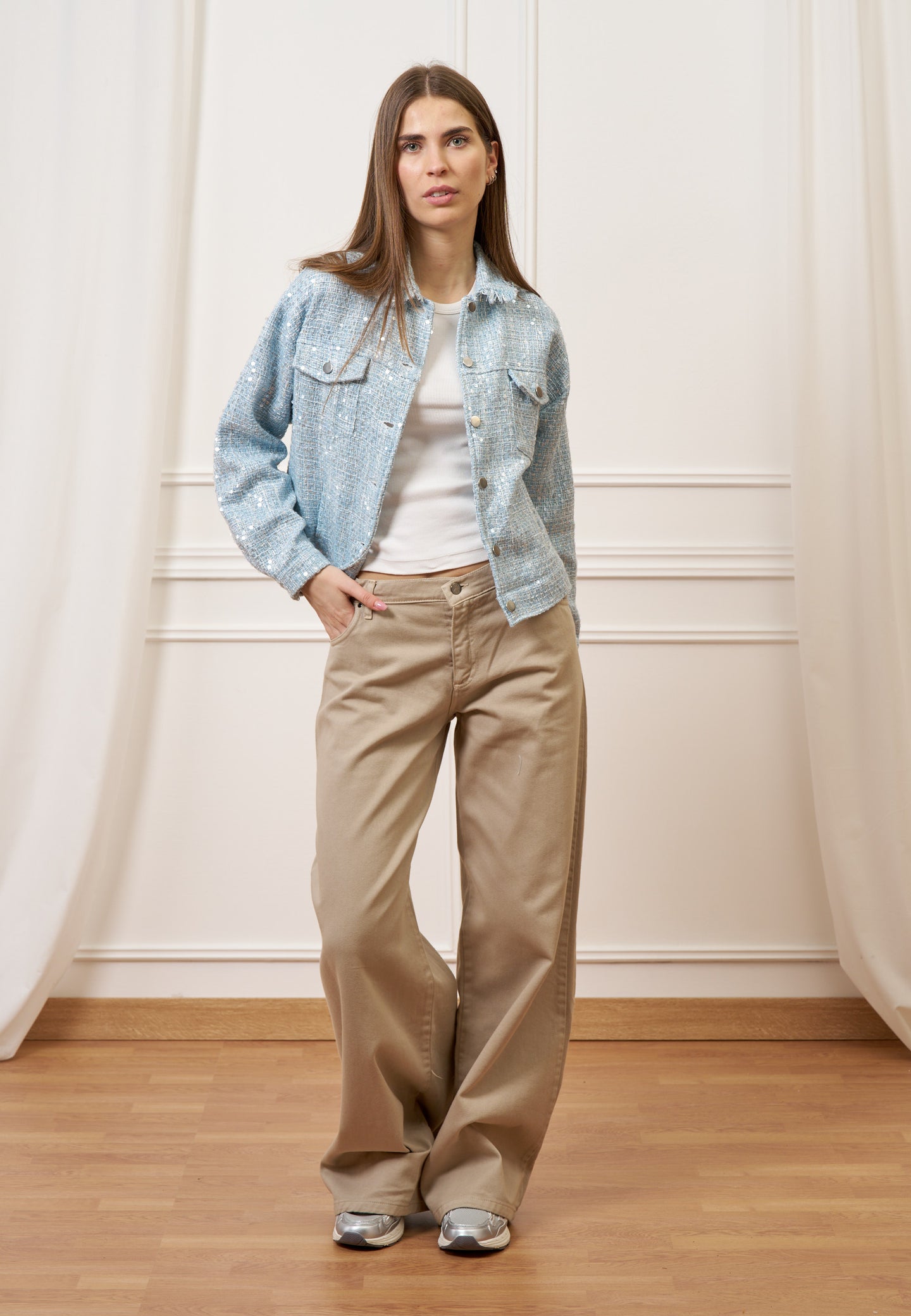 Giacca over in tweed con paillettes - CELESTE