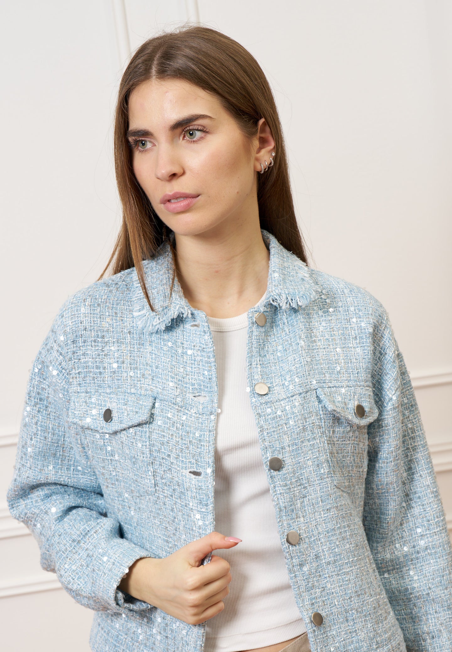 Giacca over in tweed con paillettes