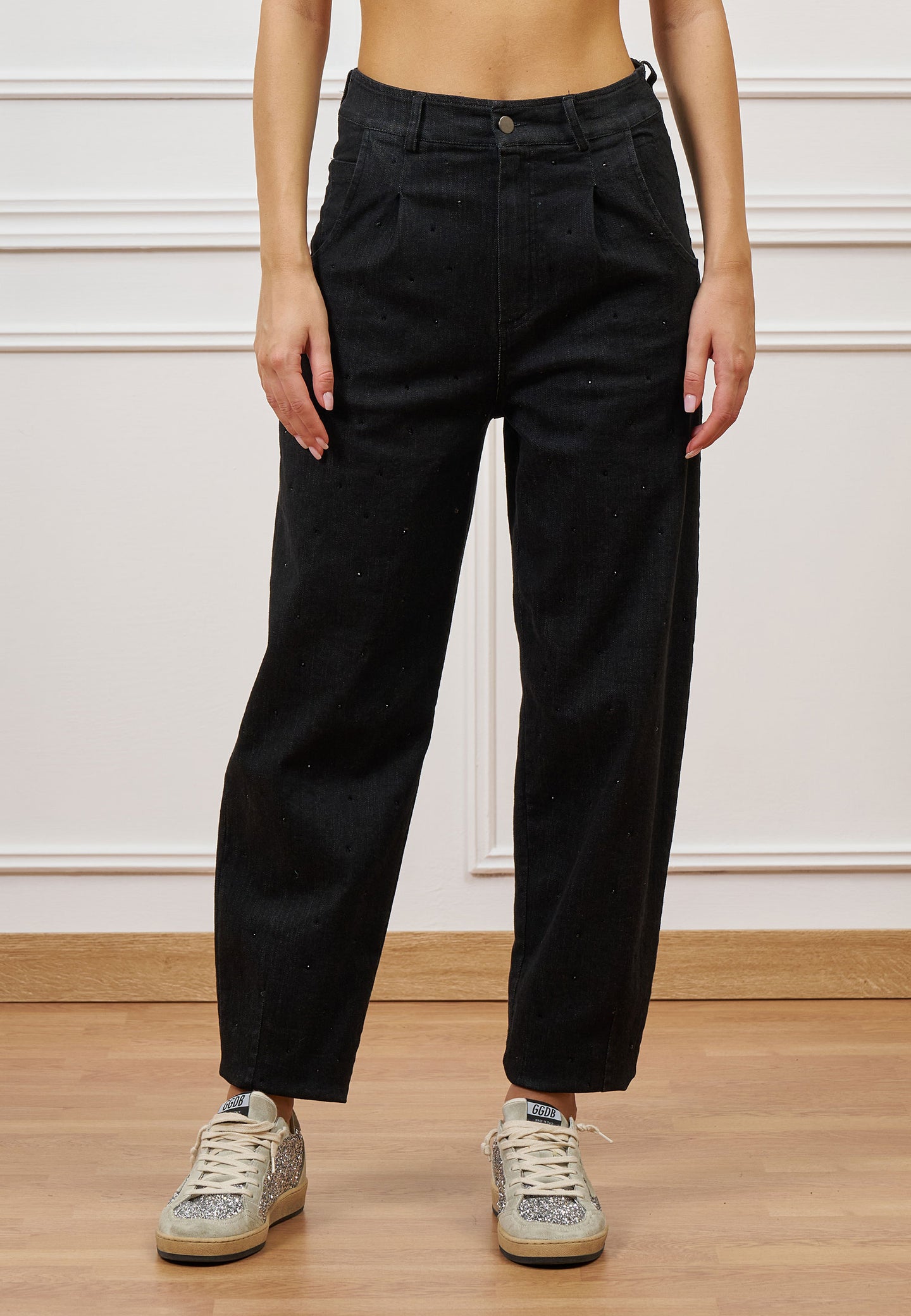 Jeans a vita alta con strass