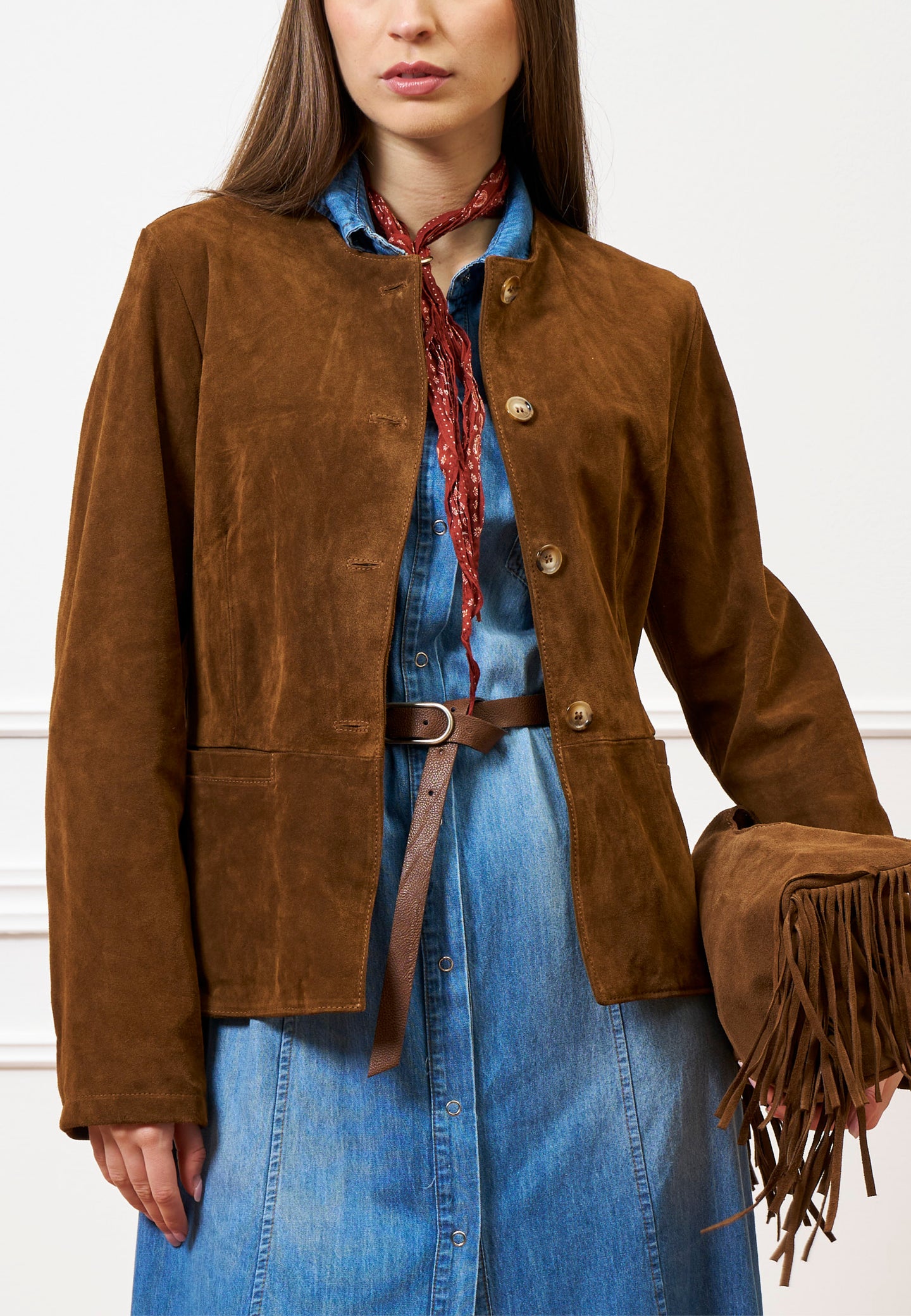 Giubbino girocollo pelle scamosciata - CAMMELLO