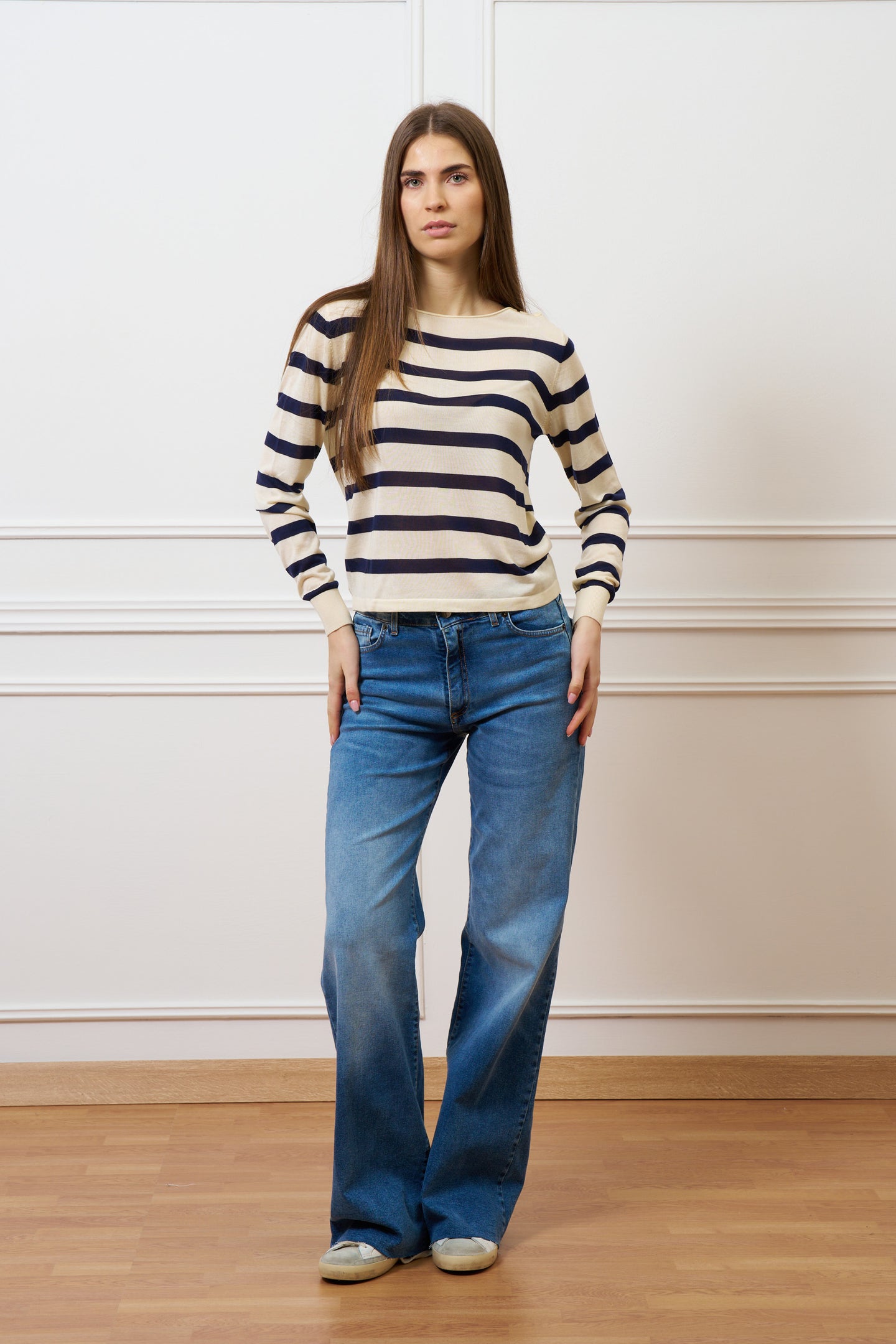 Maglia a righe con seta e cotone - AVORIO/BLU