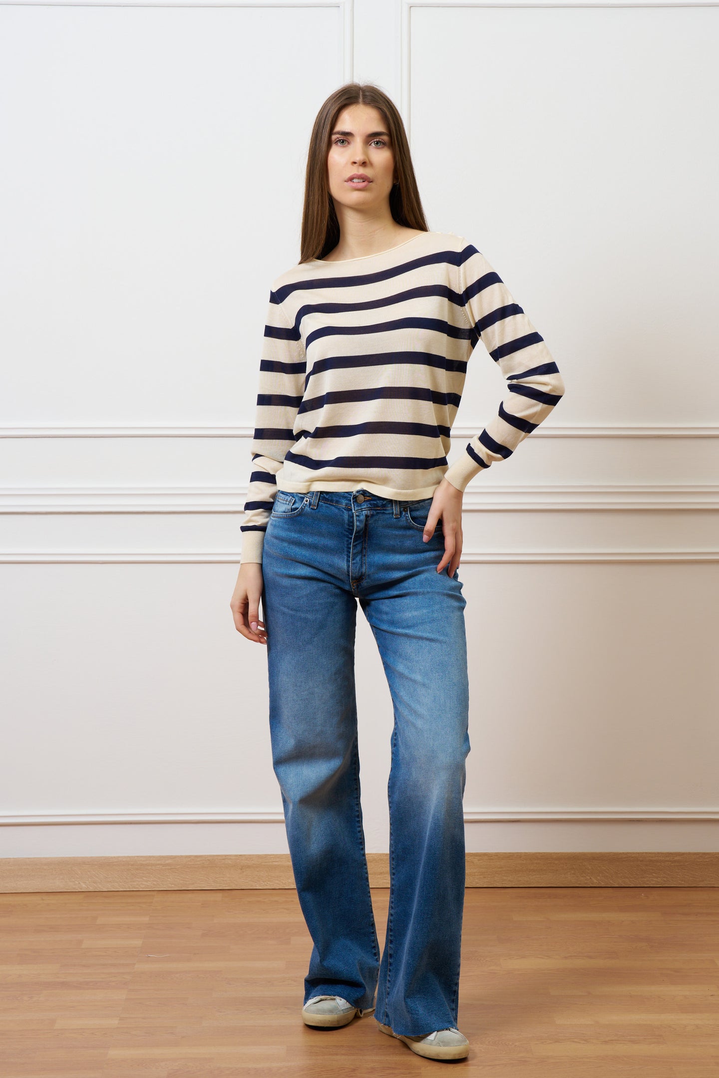 Maglia a righe con seta e cotone - AVORIO/BLU