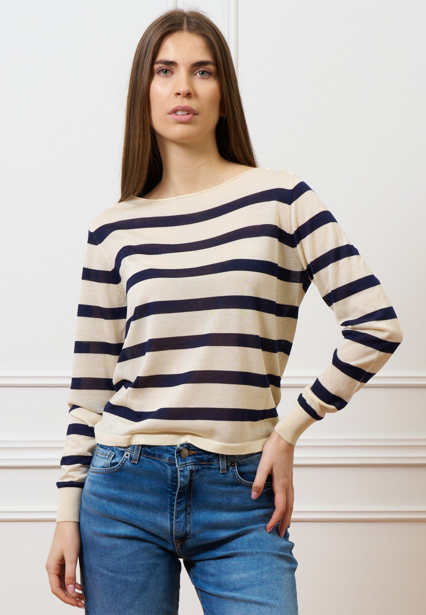 Maglia a righe con seta e cotone - AVORIO/BLU