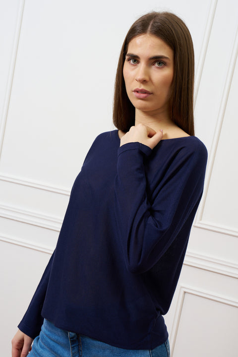 Maglia tinta unita con scollo a barca - BLU