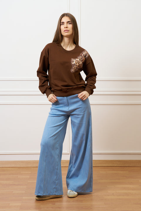 Felpa con applicazione paillettes - TABACCO