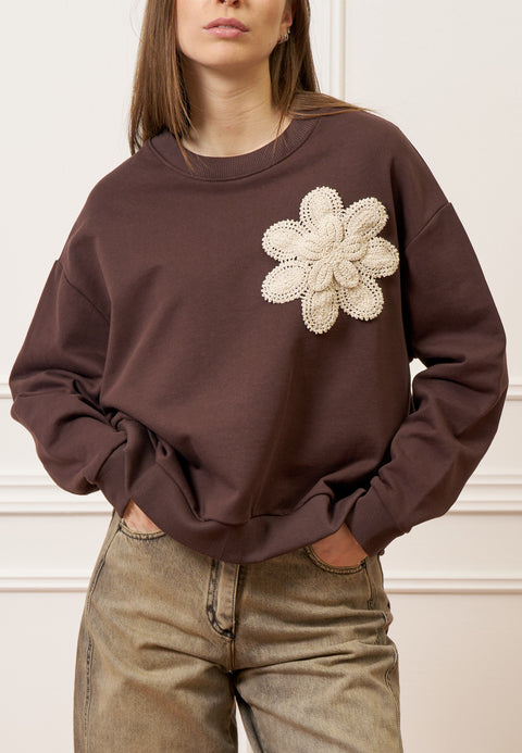 Felpa con applicazione fiore crochet - MARRONE