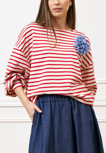 Felpa a righe manica voluminosa - AVORIO/ROSSO