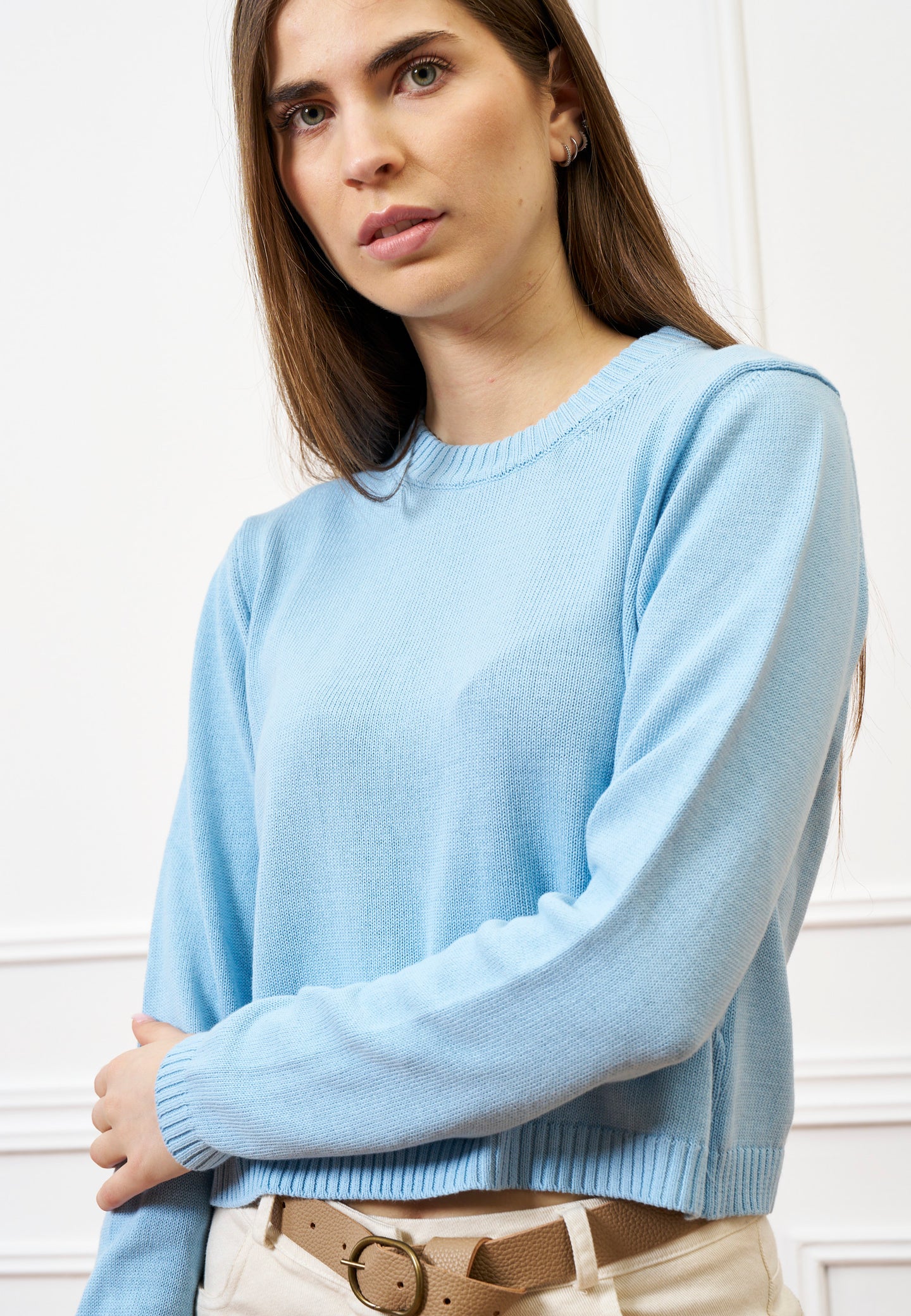 Maglia girocollo crop in cotone - CELESTE
