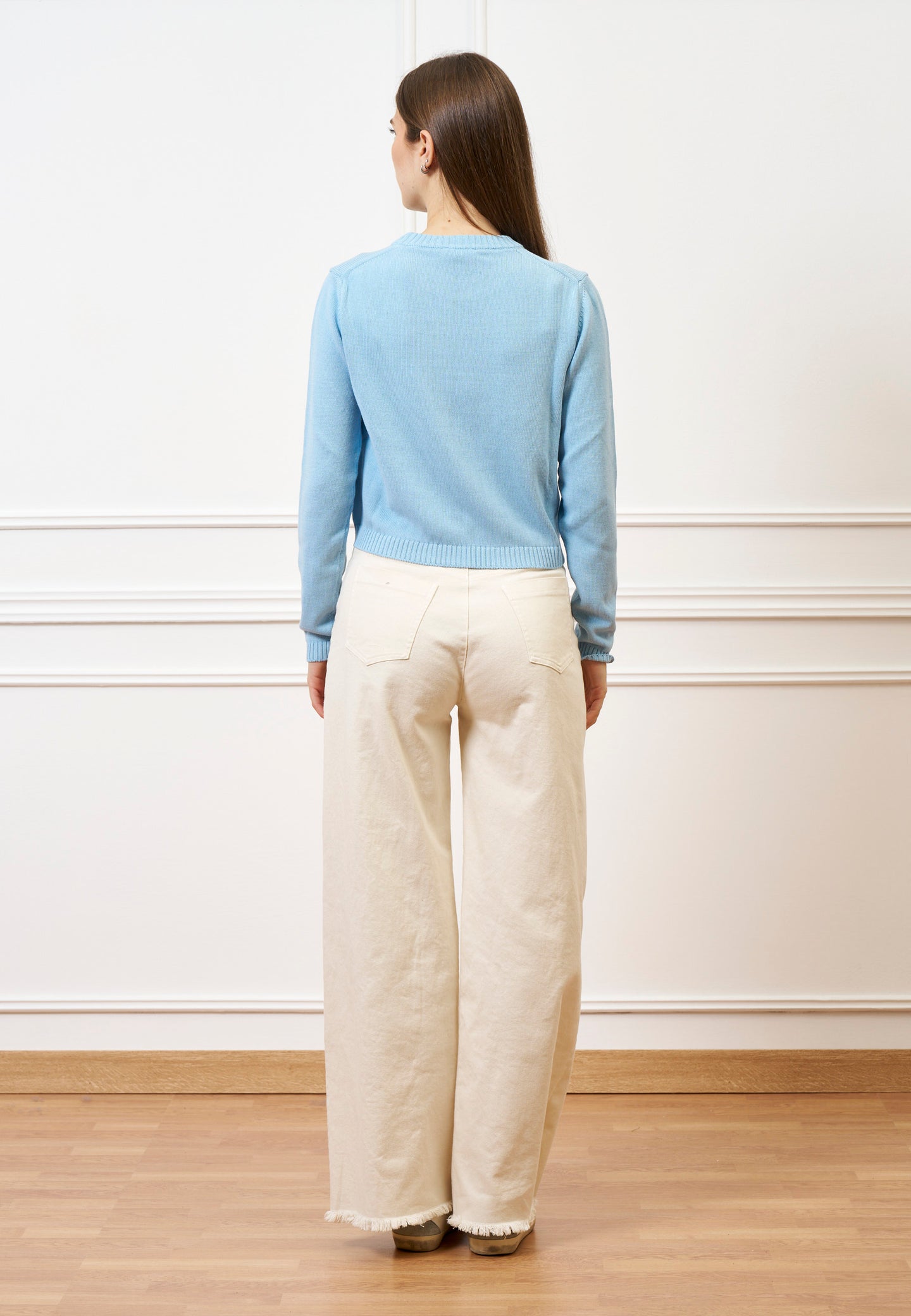 Maglia girocollo crop in cotone - CELESTE