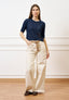 Maglia traforata crop in cotone - BLU