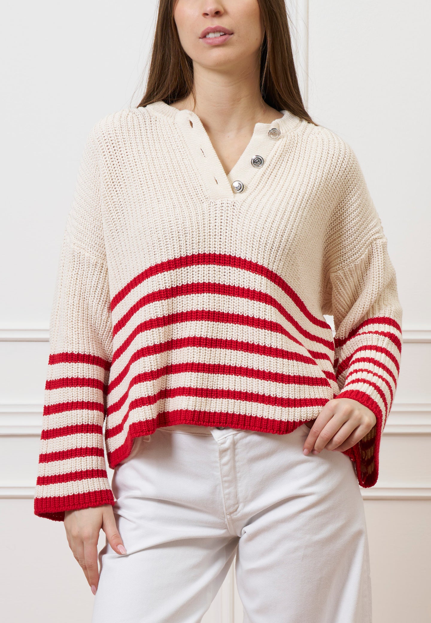 Maglia a righe con bottoni gioiello - AVORIO/ROSSO