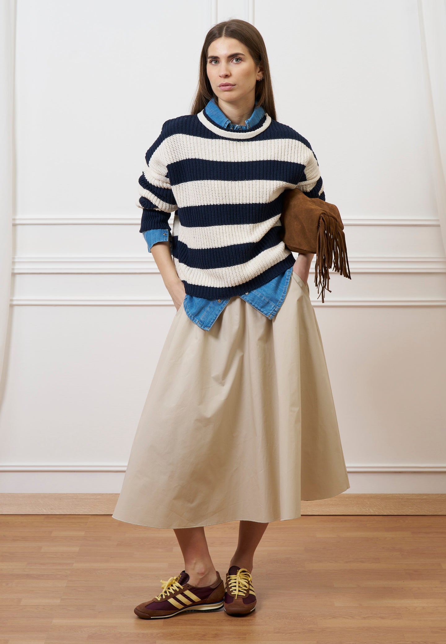 Maglia a righe con spalla scesa - AVORIO/BLU