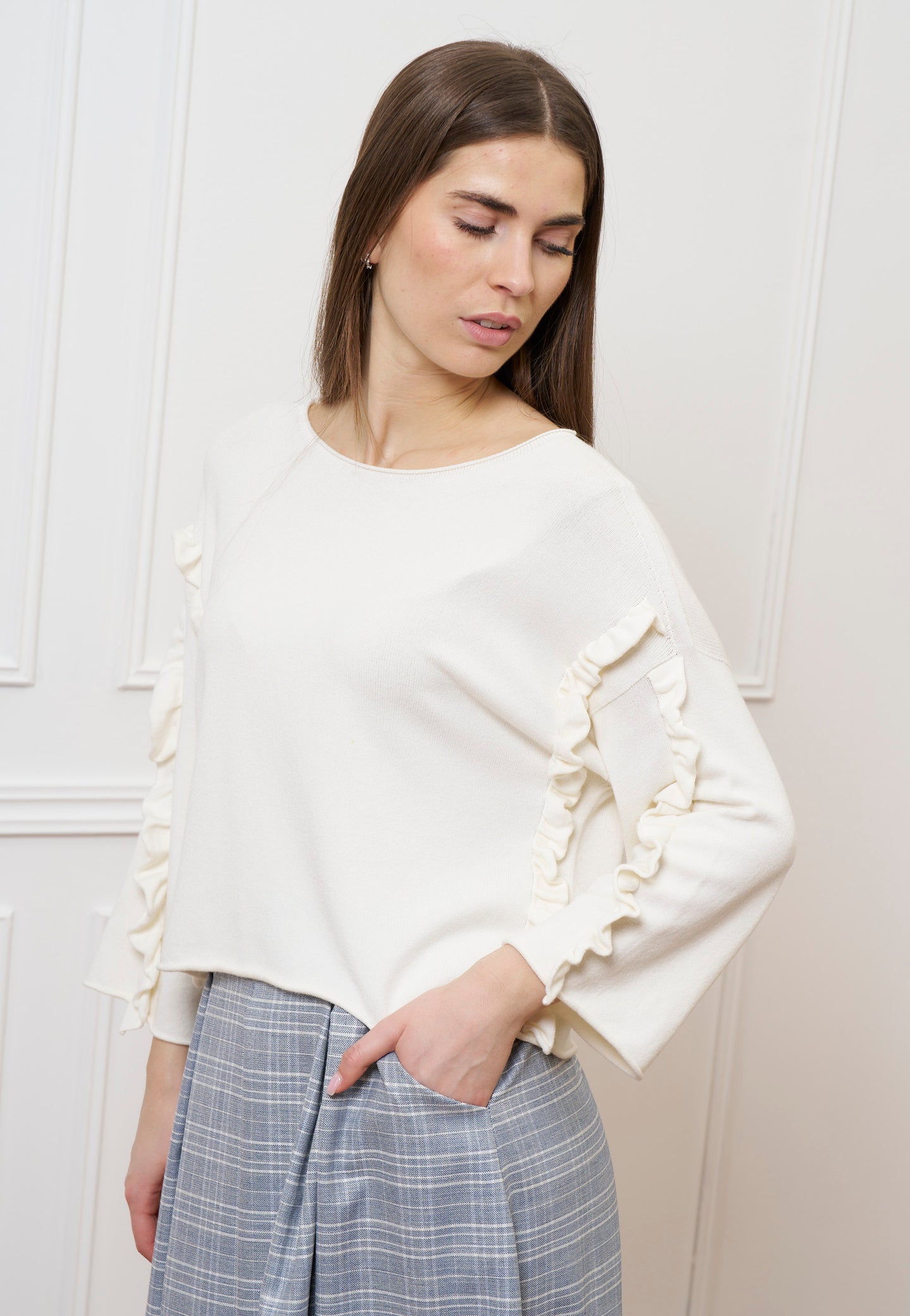 Maglia a scatola con rouches - AVORIO