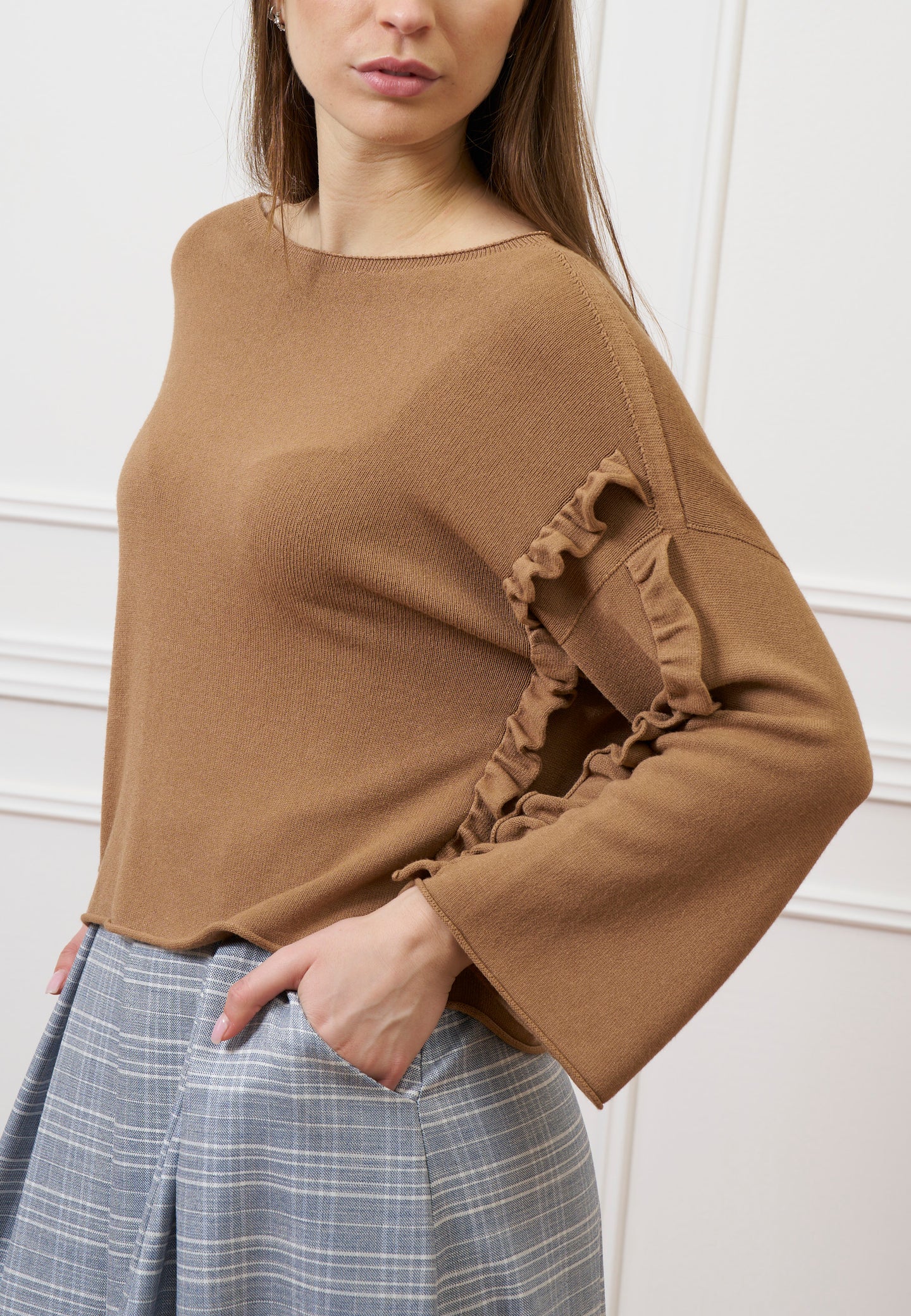 Maglia a scatola con rouches - NOCCIOLA