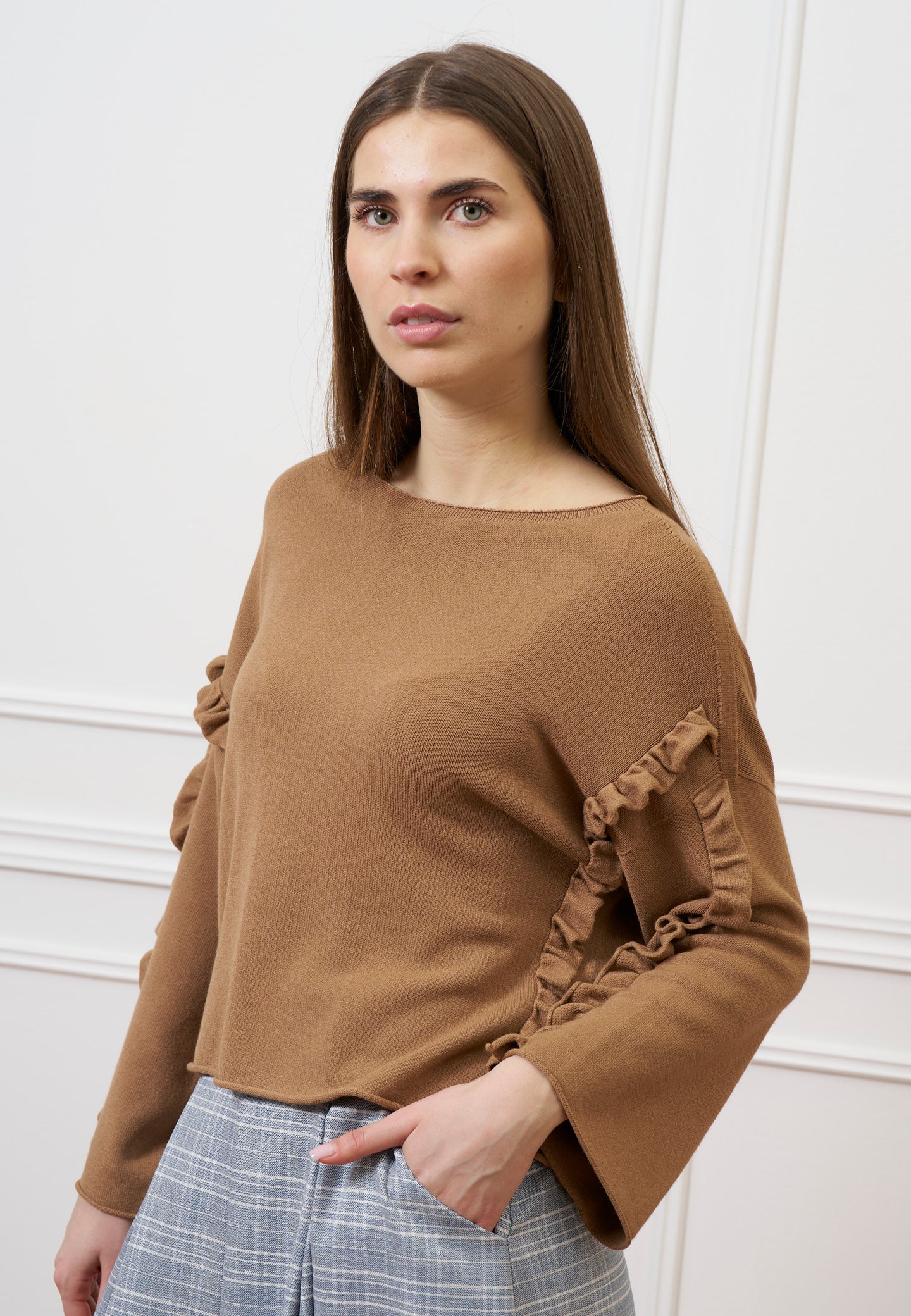 Maglia a scatola con rouches - NOCCIOLA