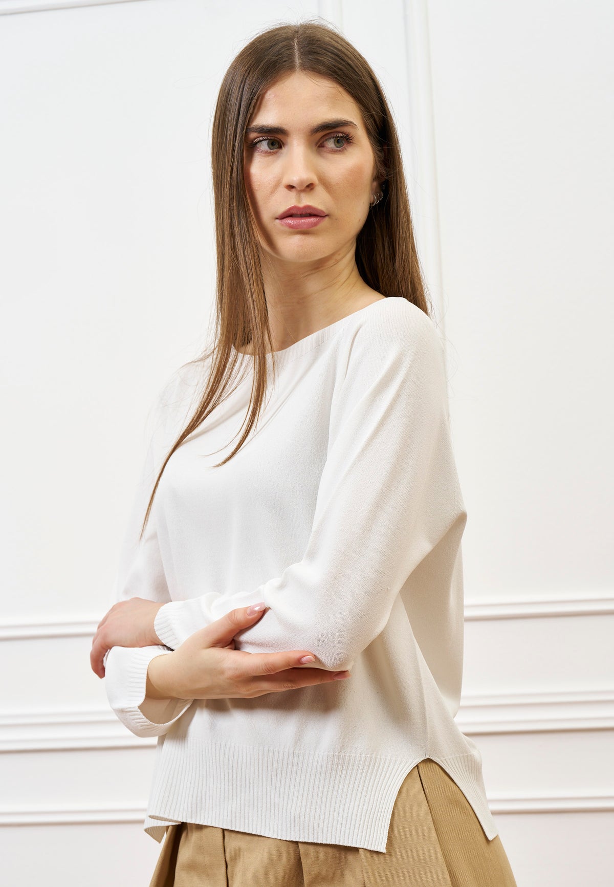 Maglia rasata con scollo a barca - AVORIO – nanà italian heart
