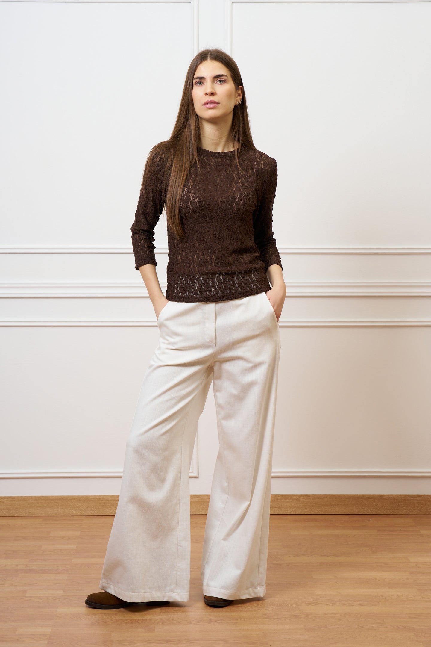 Pantalone ampio in cotone testurizzato - AVORIO