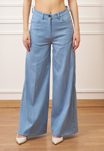 Pantalone palazzo effetto denim - CELESTE