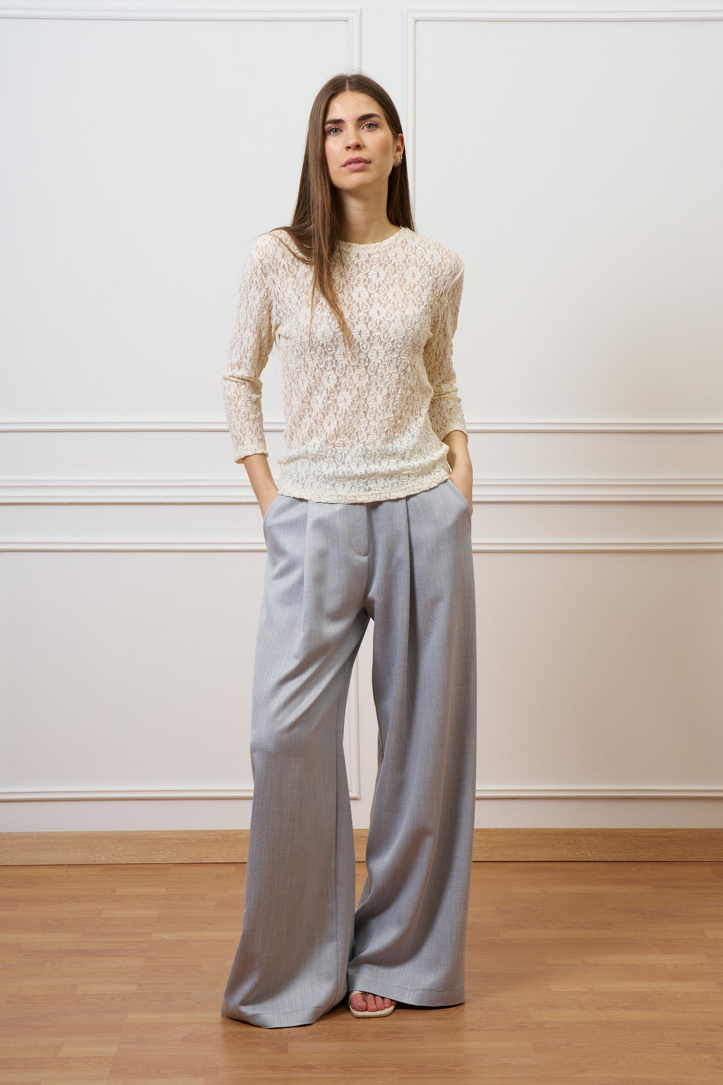 Pantalone ampio con lurex - CELESTE