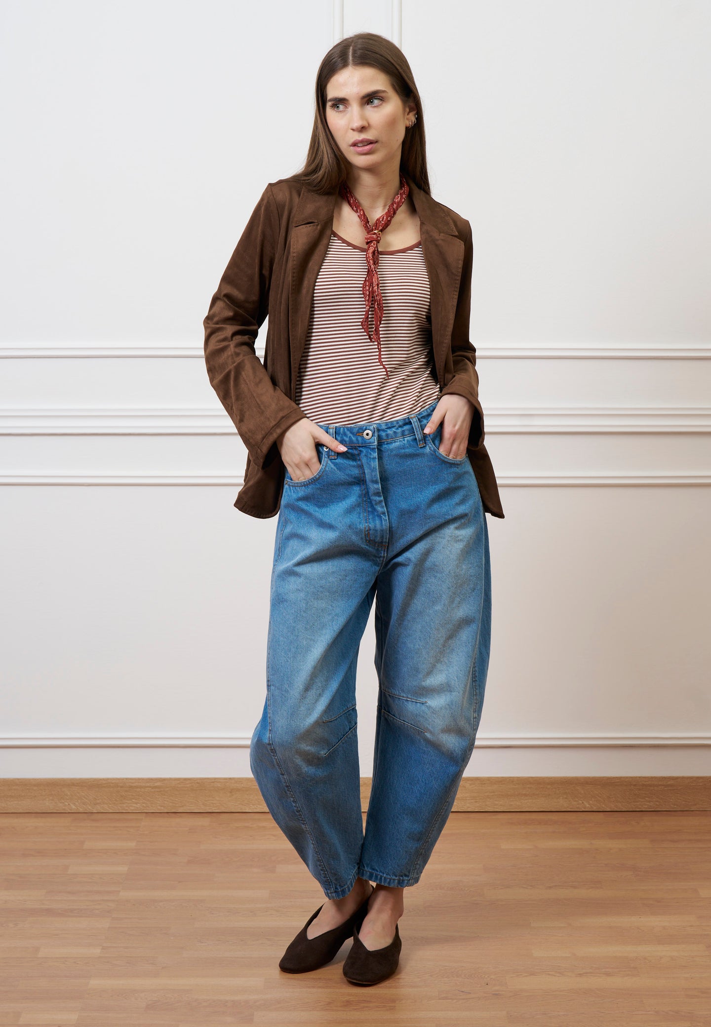 Jeans a vita alta con cuciture - BLU