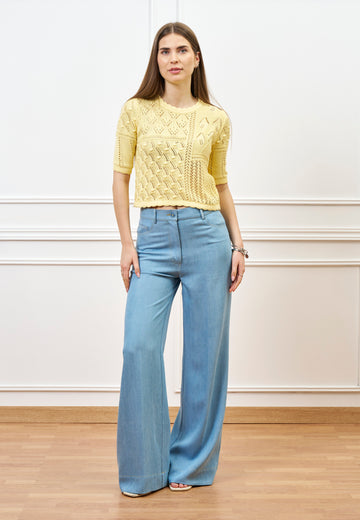 Pantalone ampio effetto denim - CELESTE