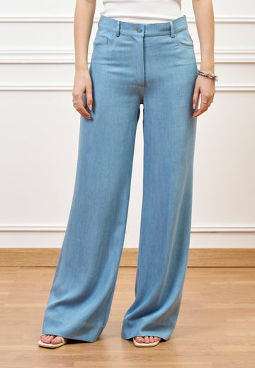 Pantalone ampio effetto denim - CELESTE