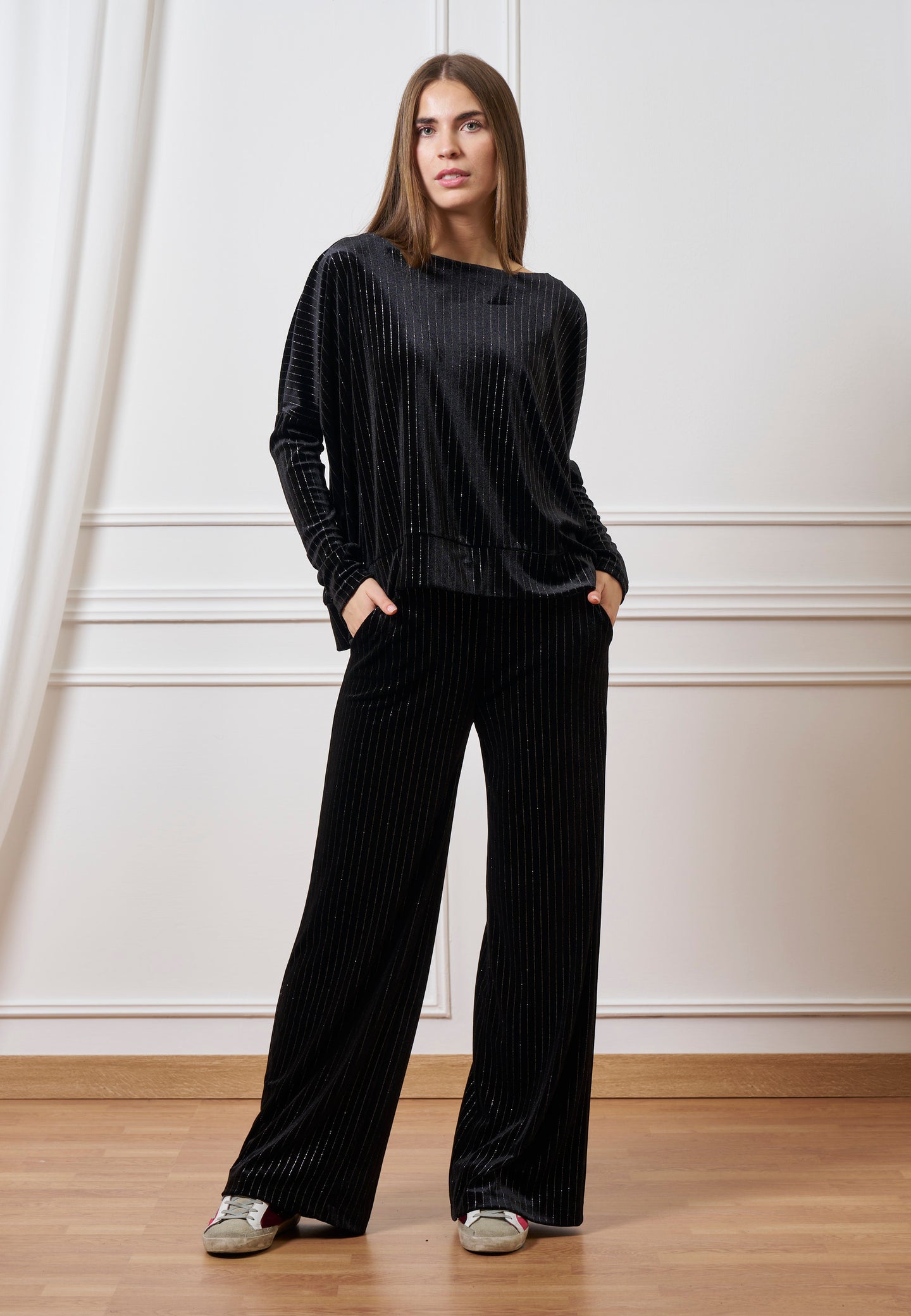 Pantalone in velluto gessato lurex