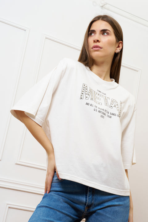 T-shirt con stampa e spalline - AVORIO
