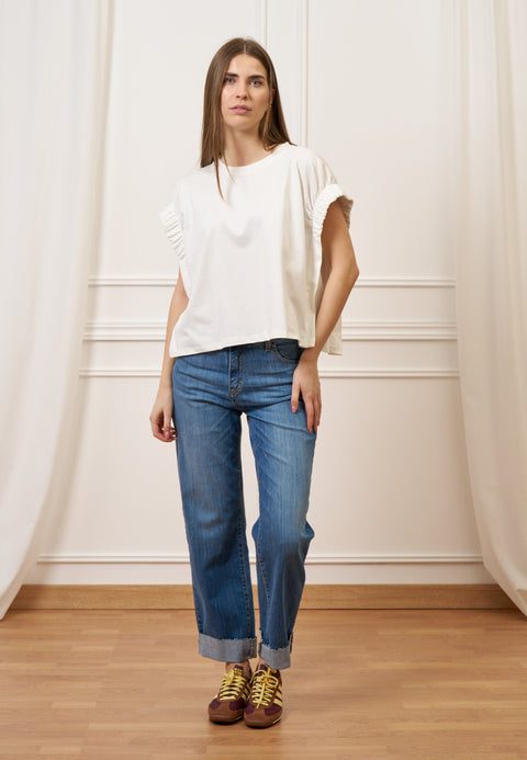 T-shirt con maniche arricciate - AVORIO