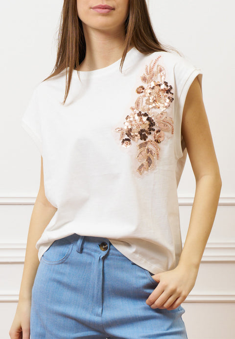 T-shirt con applicazioni sulla spalla - AVORIO