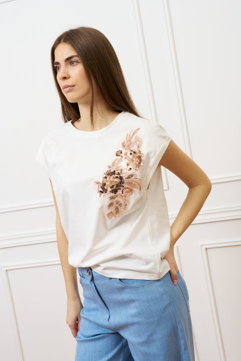 T-shirt con applicazioni sulla spalla - AVORIO