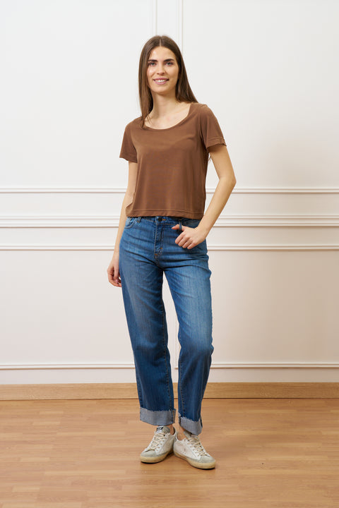 T-shirt scollo ampio in modal - TABACCO