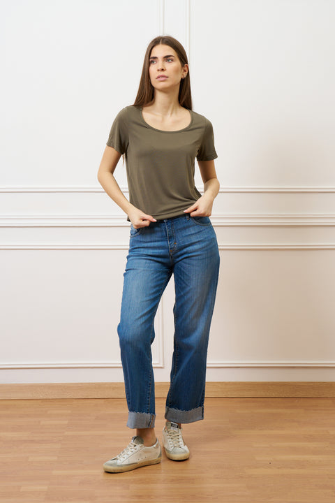 T-shirt scollo ampio in modal - MILITARE