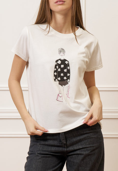 T-shirt con stampa donna fiori - AVORIO