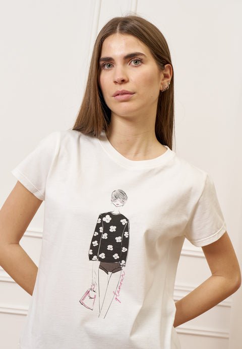 T-shirt con stampa donna fiori - AVORIO