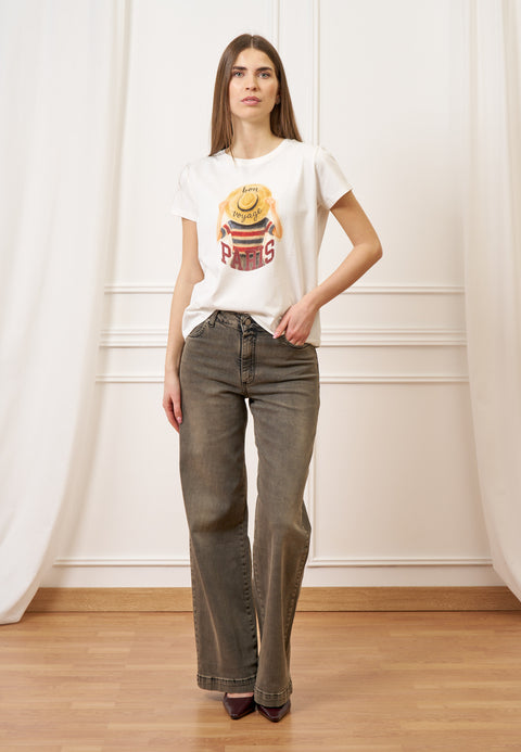 T-shirt con stampa cappello paglia - AVORIO