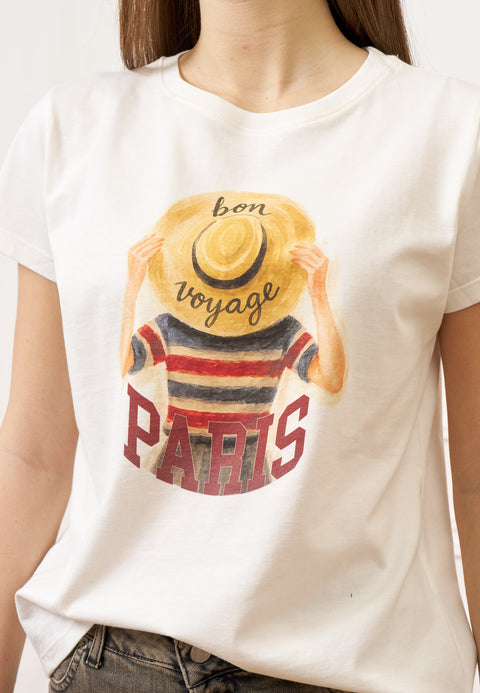 T-shirt con stampa cappello paglia