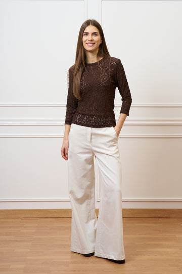 T-shirt in pizzo stretch maniche trequarti - MARRONE
