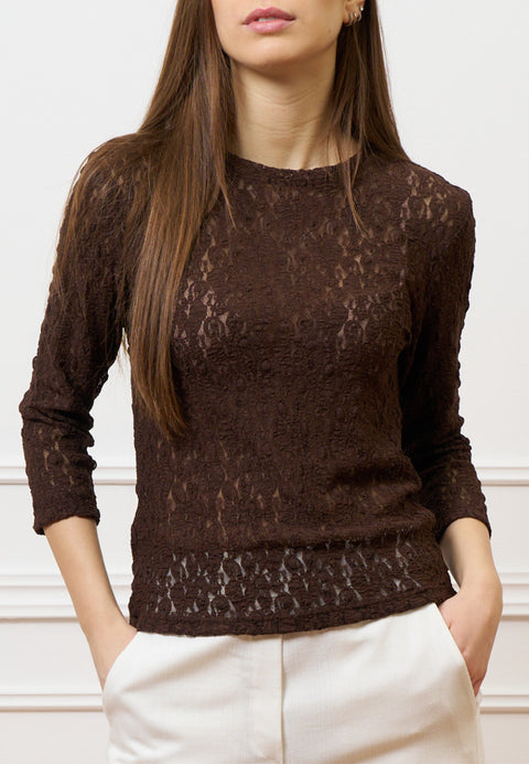 T-shirt in pizzo stretch maniche trequarti - MARRONE
