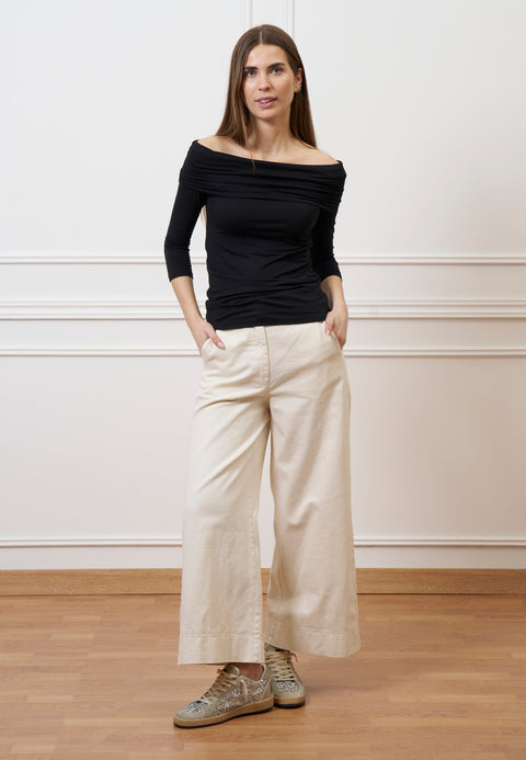 T-shirt spalle scoperte in jersey elasticizzato - NERO