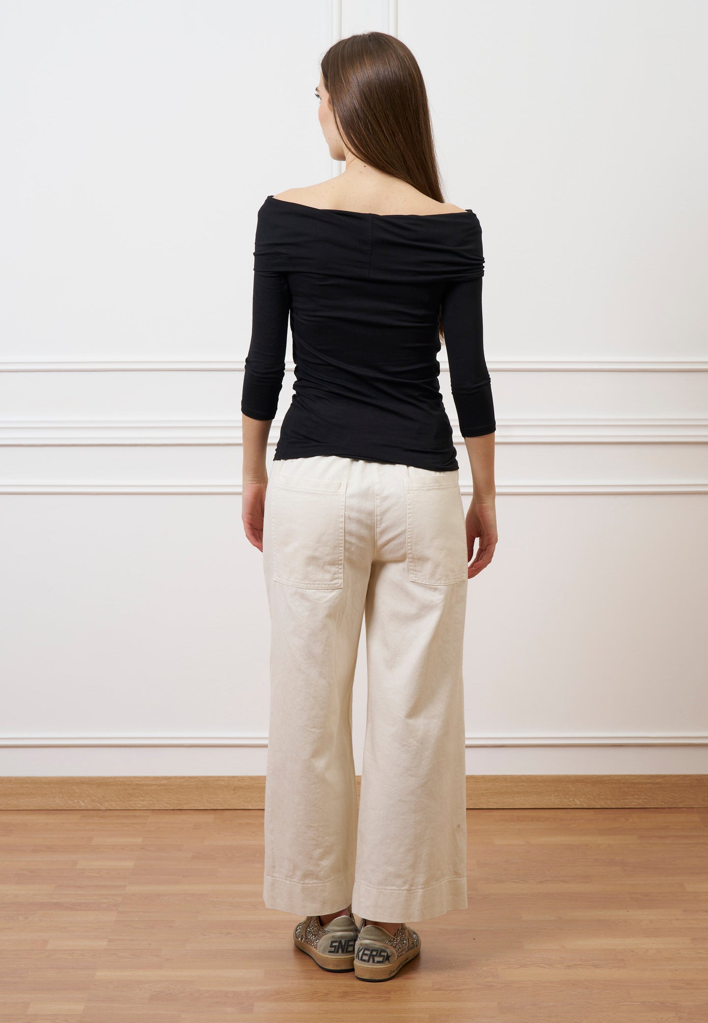 T-shirt spalle scoperte in jersey elasticizzato - NERO