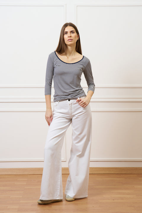 T-shirt a righe scollo bordato - AVORIO/BLU