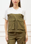 T-shirt con inserto tessuto e tasche - BIANCO/KAKI