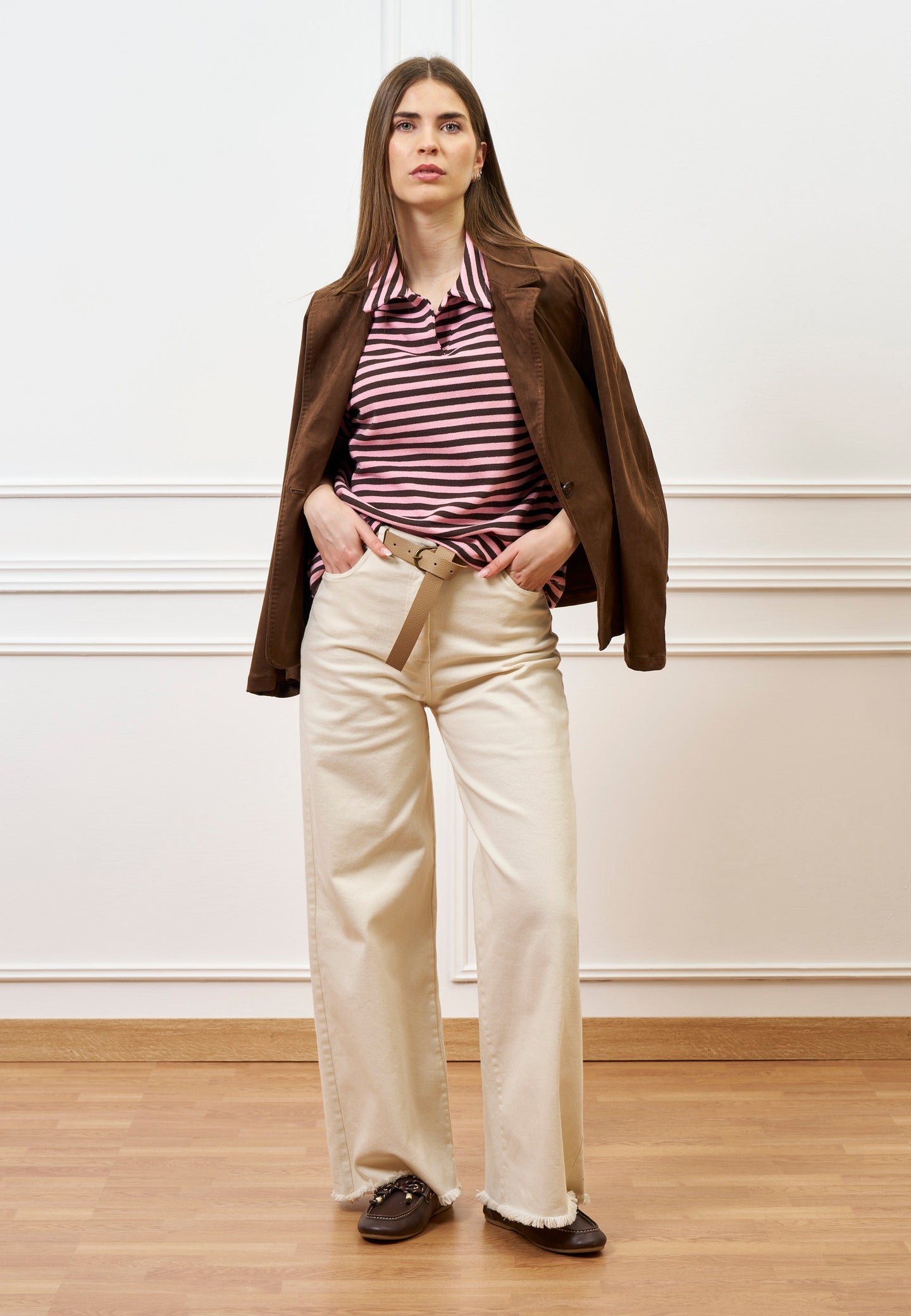 T-shirt polo a righe - ROSA