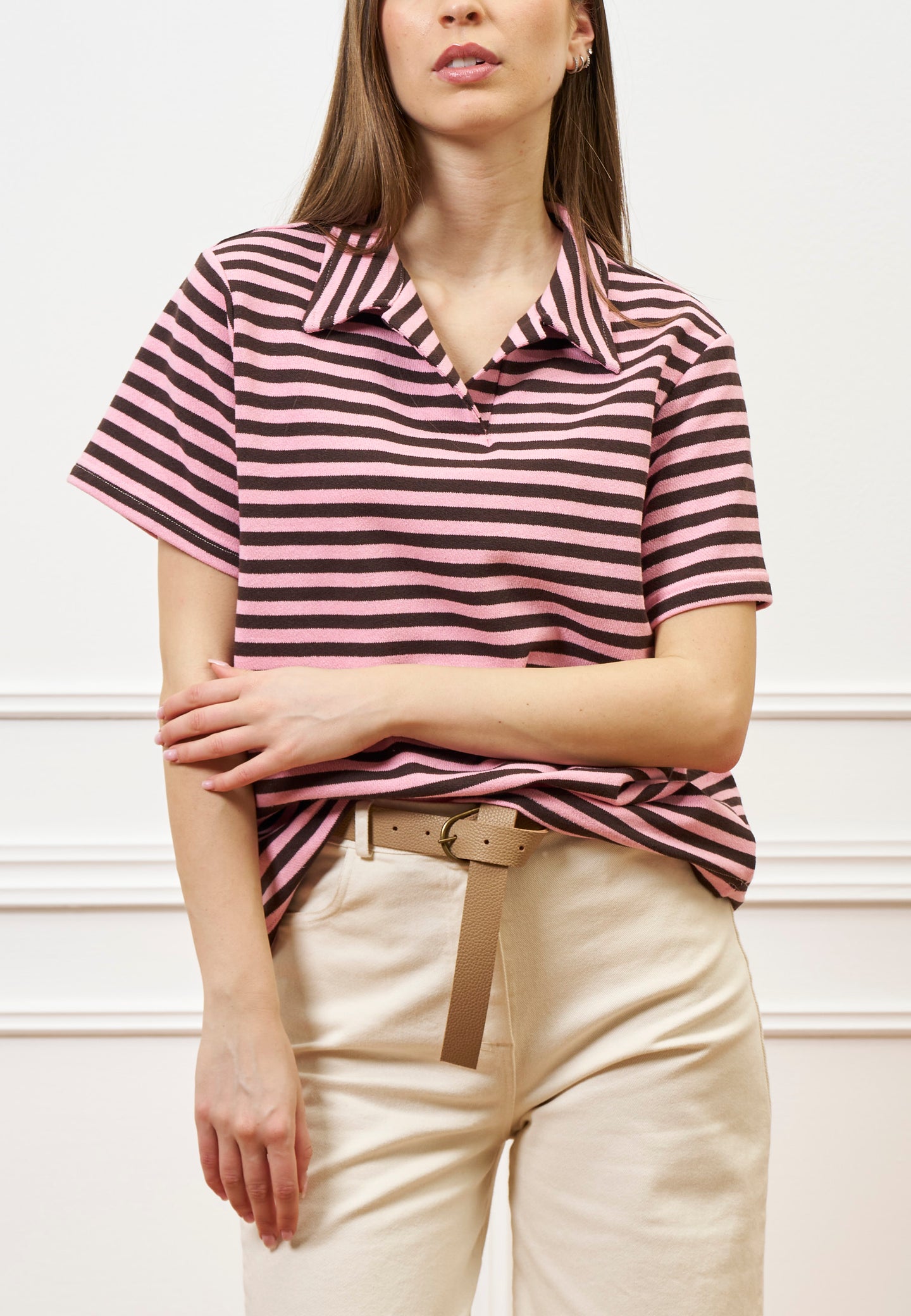 T-shirt polo a righe - ROSA