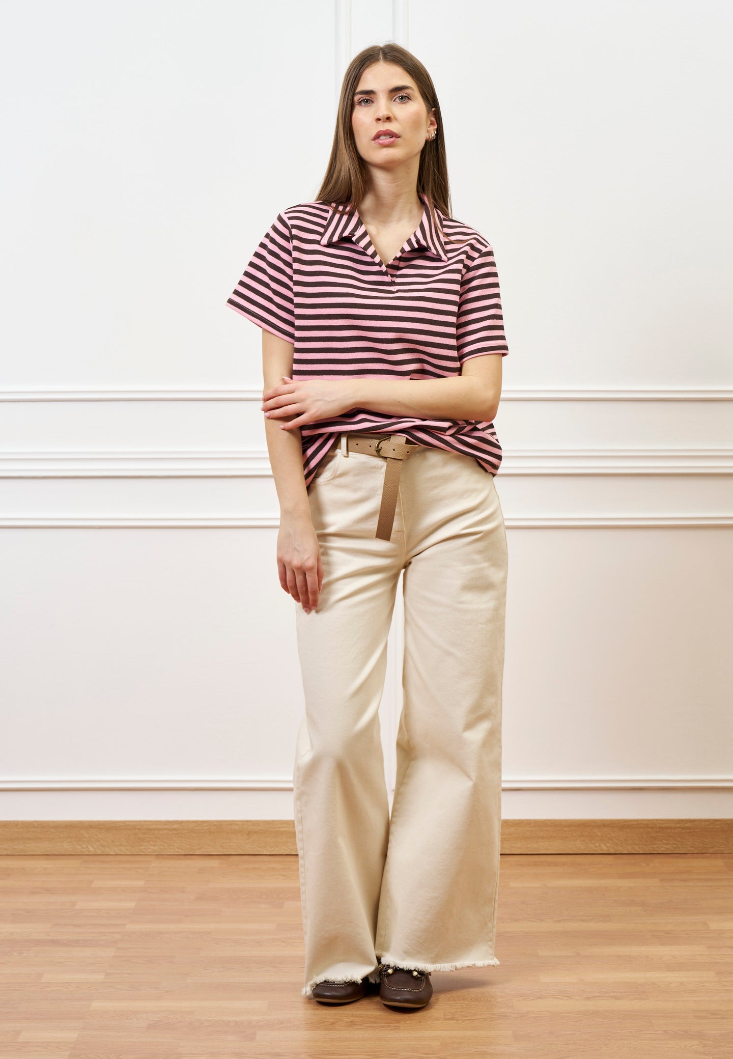 T-shirt polo a righe - ROSA