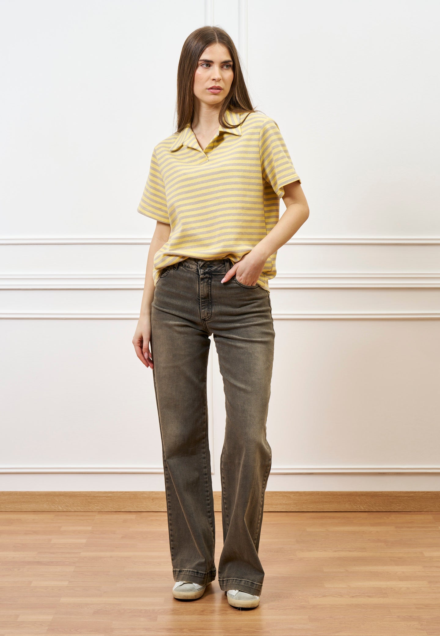 T-shirt polo a righe - GIALLO