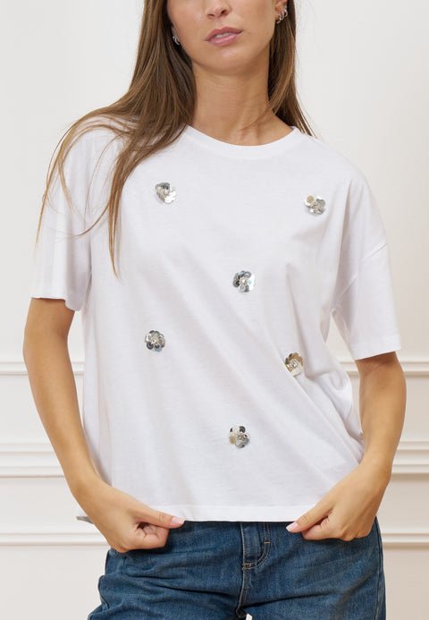 T-shirt girocollo con ricamo fiori