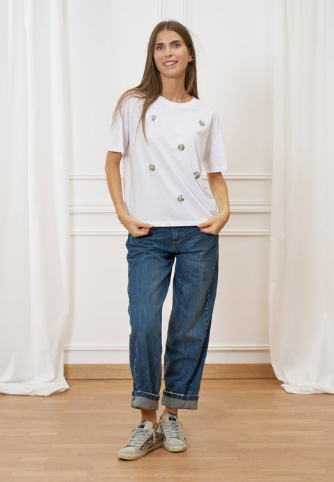 T-shirt girocollo con ricamo fiori